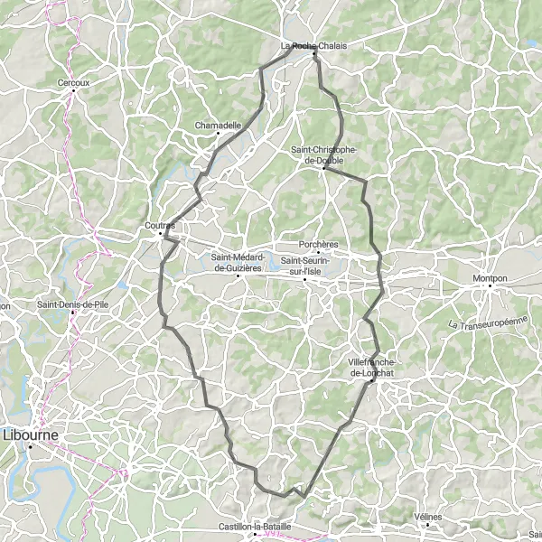 Map miniature of "Journey through Castillon" cycling inspiration in Poitou-Charentes, France. Generated by Tarmacs.app cycling route planner