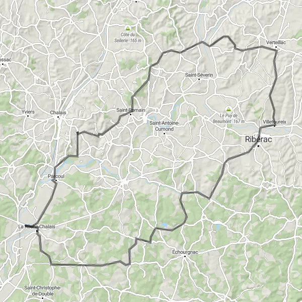 Miniature de la carte de l'inspiration cycliste "Les Montagnes de la Dordogne" dans la Poitou-Charentes, France. Générée par le planificateur d'itinéraire cycliste Tarmacs.app