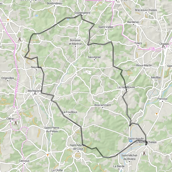 Miniature de la carte de l'inspiration cycliste "Parcours pittoresque de 69km depuis Saint-Aigulin" dans la Poitou-Charentes, France. Générée par le planificateur d'itinéraire cycliste Tarmacs.app
