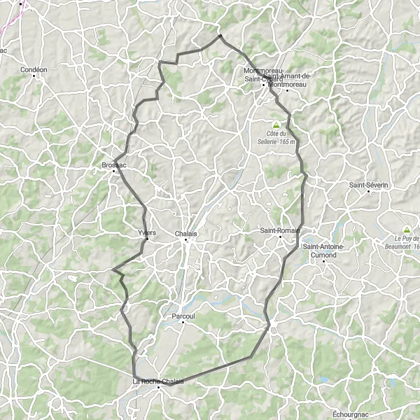 Miniature de la carte de l'inspiration cycliste "Le Charmant Circuit de Bors-de-Montmoreau" dans la Poitou-Charentes, France. Générée par le planificateur d'itinéraire cycliste Tarmacs.app