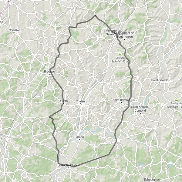 Map miniature of "Magnificent Landscapes of Saint-Aigulin" cycling inspiration in Poitou-Charentes, France. Generated by Tarmacs.app cycling route planner