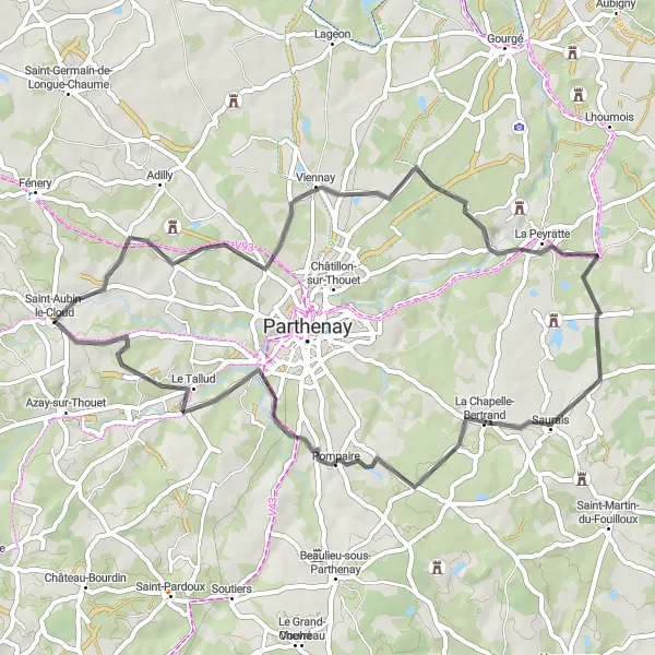 Map miniature of "Viennay and Saurais Road Cycling Route" cycling inspiration in Poitou-Charentes, France. Generated by Tarmacs.app cycling route planner