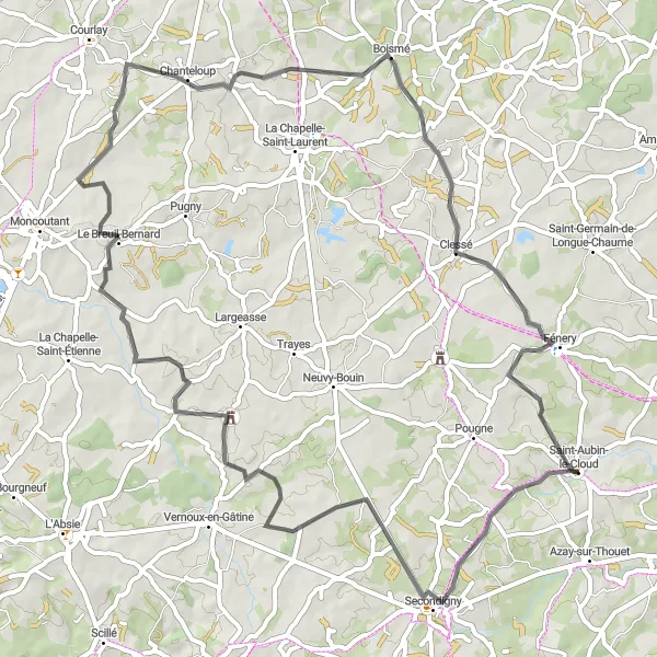 Map miniature of "Scenic Road Cycling Tour near Saint-Aubin-le-Cloud" cycling inspiration in Poitou-Charentes, France. Generated by Tarmacs.app cycling route planner