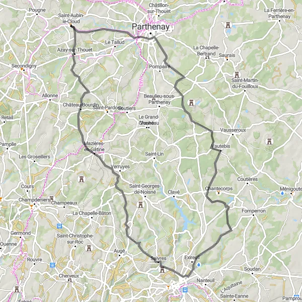 Map miniature of "Vautebis and Saivres Road Cycling Route" cycling inspiration in Poitou-Charentes, France. Generated by Tarmacs.app cycling route planner