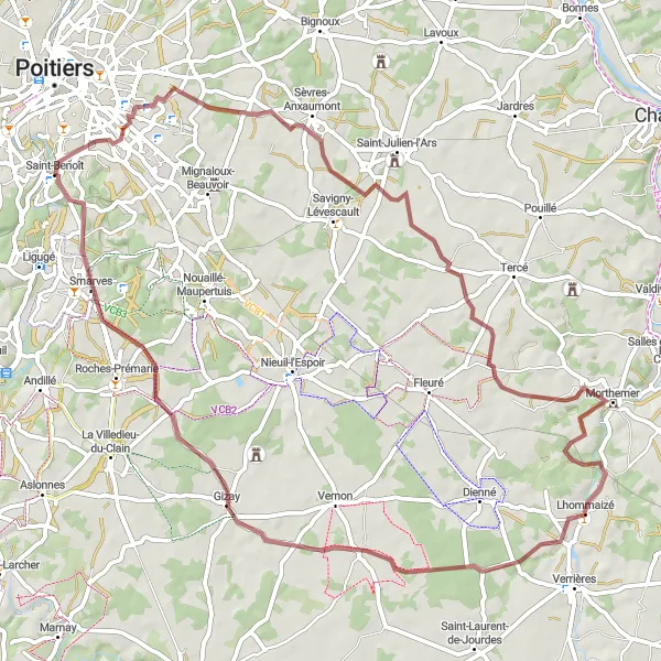 Map miniature of "Sèvres-Anxaumont Gravel Ride" cycling inspiration in Poitou-Charentes, France. Generated by Tarmacs.app cycling route planner