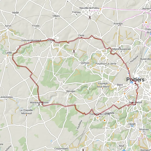 Map miniature of "Fontaine-le-Comte Gravel Adventure" cycling inspiration in Poitou-Charentes, France. Generated by Tarmacs.app cycling route planner