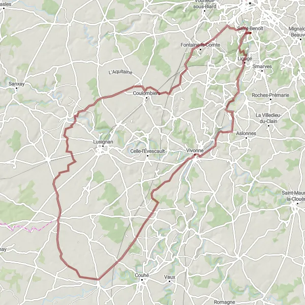 Map miniature of "The Ligugé Gravel Tour" cycling inspiration in Poitou-Charentes, France. Generated by Tarmacs.app cycling route planner