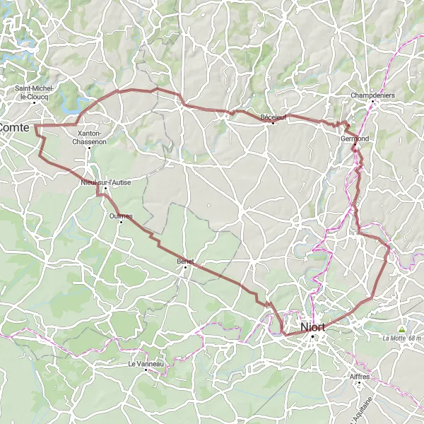 Map miniature of "Niort - Échiré Gravel Loop" cycling inspiration in Poitou-Charentes, France. Generated by Tarmacs.app cycling route planner