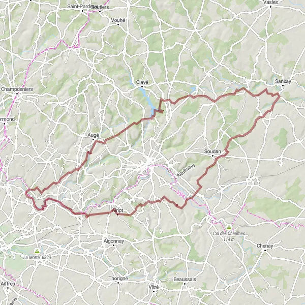 Miniature de la carte de l'inspiration cycliste "Aventure Gravel et Paysages Sauvages" dans la Poitou-Charentes, France. Générée par le planificateur d'itinéraire cycliste Tarmacs.app