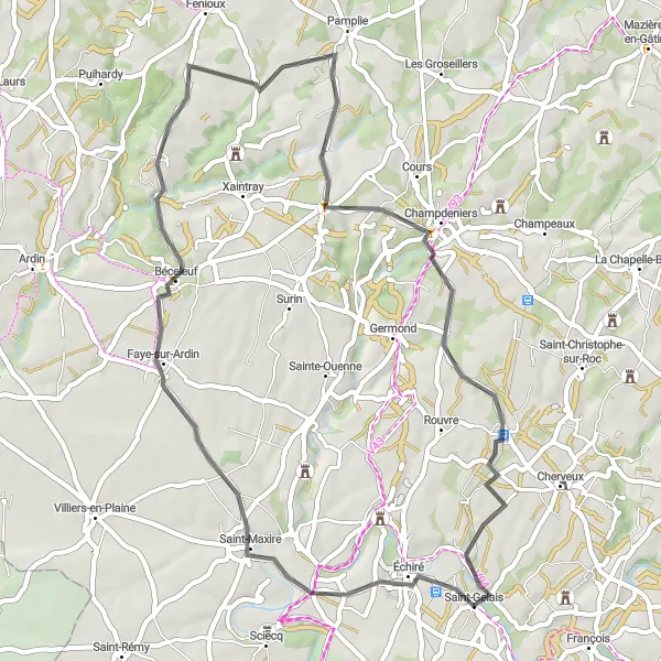 Map miniature of "The Saint-Maxire Loop" cycling inspiration in Poitou-Charentes, France. Generated by Tarmacs.app cycling route planner