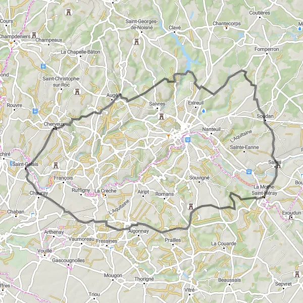 Miniature de la carte de l'inspiration cycliste "Boucle jusqu'au Château de Reigné" dans la Poitou-Charentes, France. Générée par le planificateur d'itinéraire cycliste Tarmacs.app