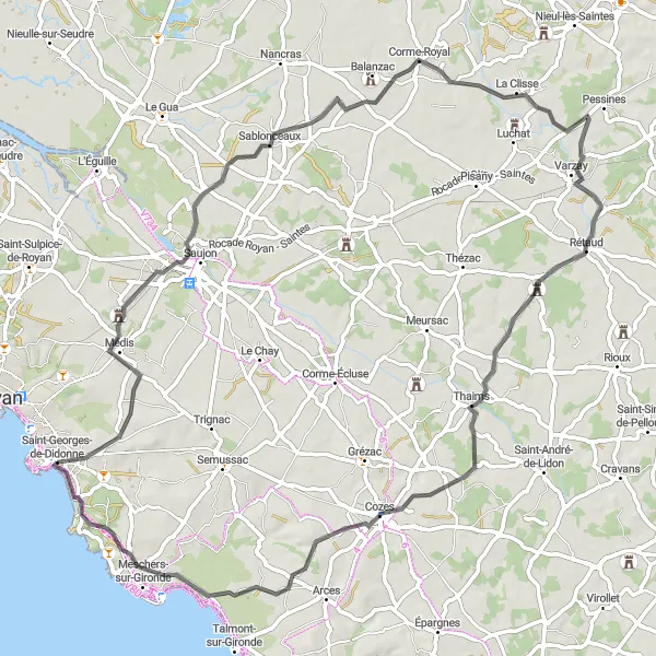 Map miniature of "Road to Meschers-sur-Gironde" cycling inspiration in Poitou-Charentes, France. Generated by Tarmacs.app cycling route planner