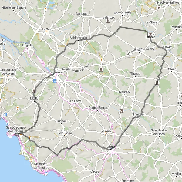 Map miniature of "The Easy Scenic Loop" cycling inspiration in Poitou-Charentes, France. Generated by Tarmacs.app cycling route planner