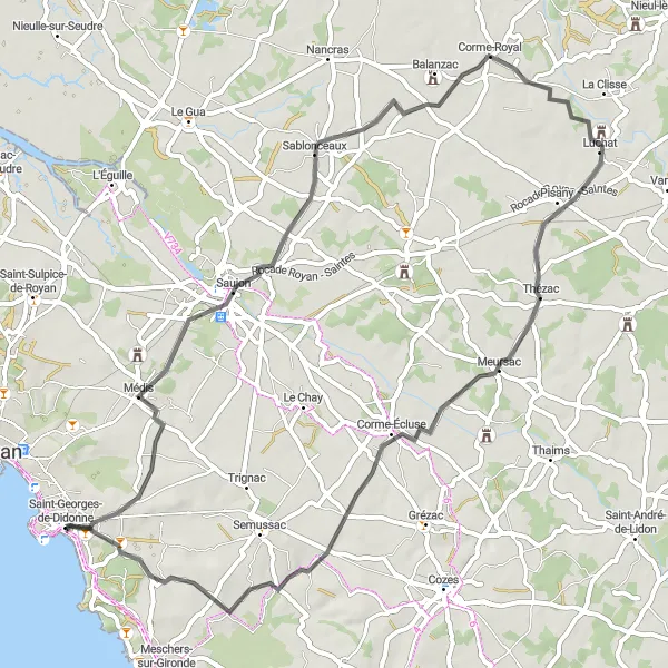 Map miniature of "Charming Villages and Picturesque Landscapes" cycling inspiration in Poitou-Charentes, France. Generated by Tarmacs.app cycling route planner