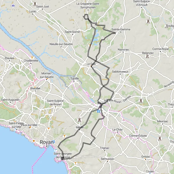 Map miniature of "Coastal Road Cruise" cycling inspiration in Poitou-Charentes, France. Generated by Tarmacs.app cycling route planner