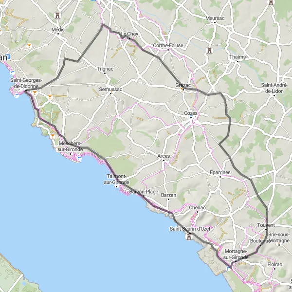 Map miniature of "Challenging Hill Climbs and Historic Sites" cycling inspiration in Poitou-Charentes, France. Generated by Tarmacs.app cycling route planner