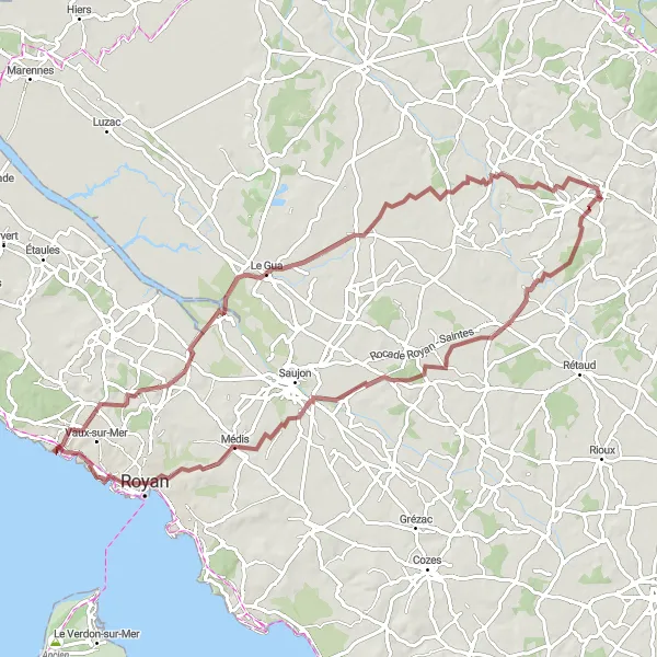 Map miniature of "The Gravel Adventure" cycling inspiration in Poitou-Charentes, France. Generated by Tarmacs.app cycling route planner