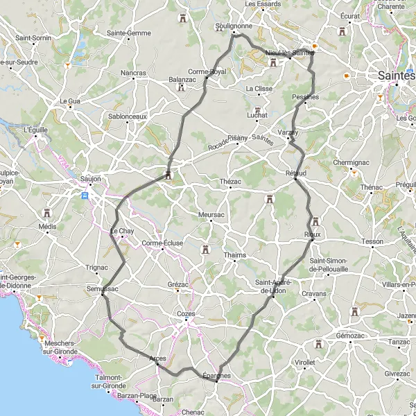 Map miniature of "The Beauty of Rural Roads" cycling inspiration in Poitou-Charentes, France. Generated by Tarmacs.app cycling route planner