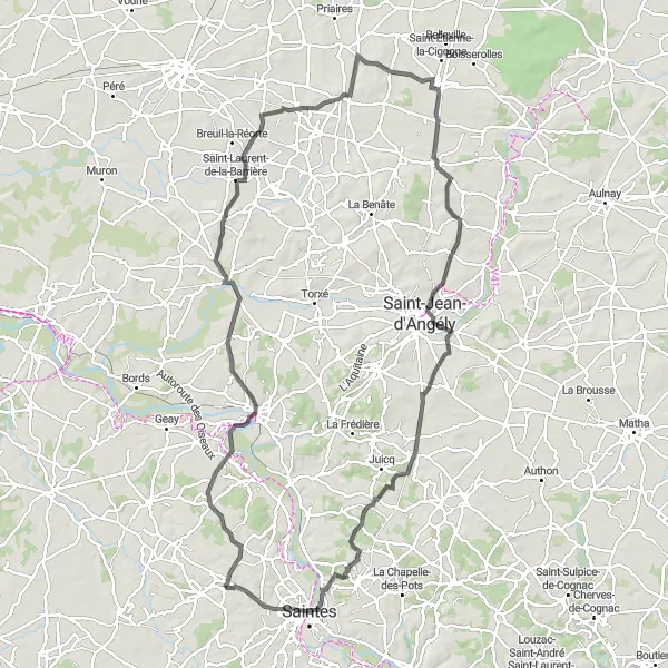 Map miniature of "The Challenging Circuit" cycling inspiration in Poitou-Charentes, France. Generated by Tarmacs.app cycling route planner