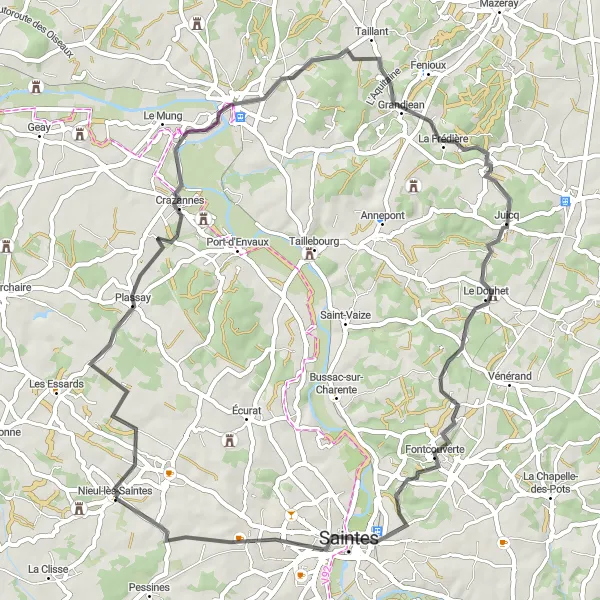 Map miniature of "Charentaise Excursion" cycling inspiration in Poitou-Charentes, France. Generated by Tarmacs.app cycling route planner
