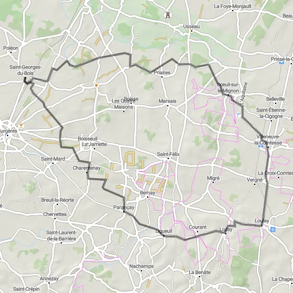 Map miniature of "The Priaires Loop" cycling inspiration in Poitou-Charentes, France. Generated by Tarmacs.app cycling route planner
