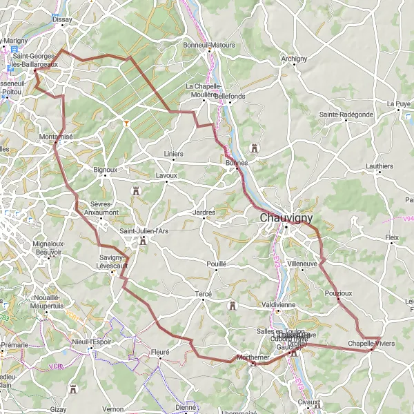 Miniature de la carte de l'inspiration cycliste "Aventure Gravel à Travers le Poitou" dans la Poitou-Charentes, France. Générée par le planificateur d'itinéraire cycliste Tarmacs.app