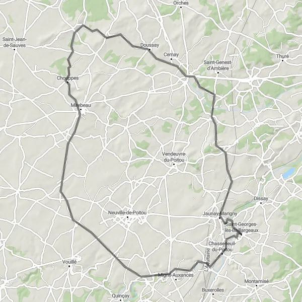 Map miniature of "Migné-Auxances Route" cycling inspiration in Poitou-Charentes, France. Generated by Tarmacs.app cycling route planner