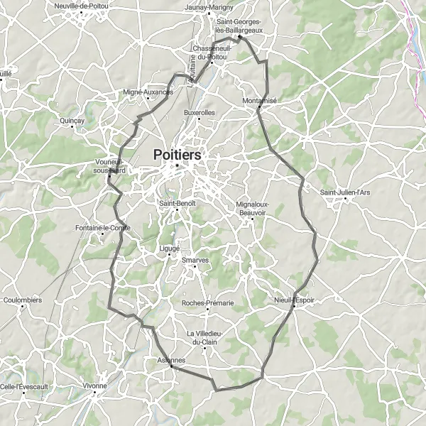 Map miniature of "Road Route - Dance with Robots" cycling inspiration in Poitou-Charentes, France. Generated by Tarmacs.app cycling route planner