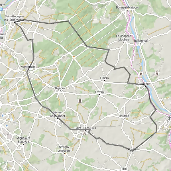 Map miniature of "Road Route - Saint-Georges-lès-Baillargeaux Circuit" cycling inspiration in Poitou-Charentes, France. Generated by Tarmacs.app cycling route planner