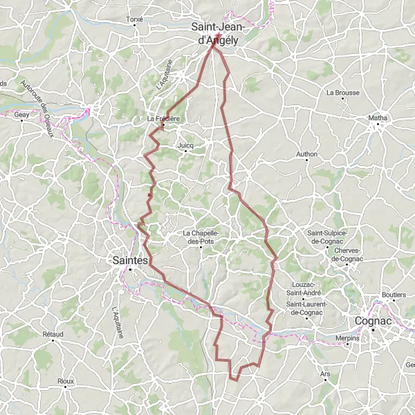 Miniature de la carte de l'inspiration cycliste "Tour Gravel d'Asnières-la-Giraud à Saint-Jean-d'Angély" dans la Poitou-Charentes, France. Générée par le planificateur d'itinéraire cycliste Tarmacs.app