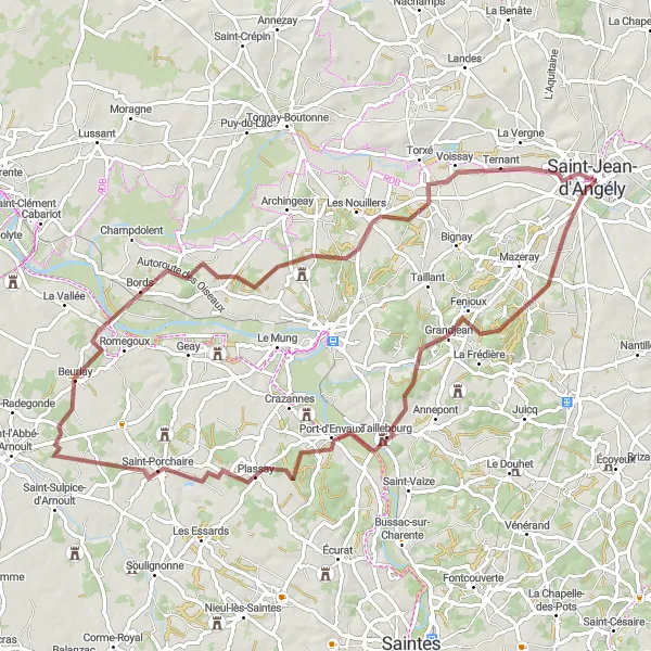 Map miniature of "Hidden Gems of Saint-Jean-d'Angély" cycling inspiration in Poitou-Charentes, France. Generated by Tarmacs.app cycling route planner