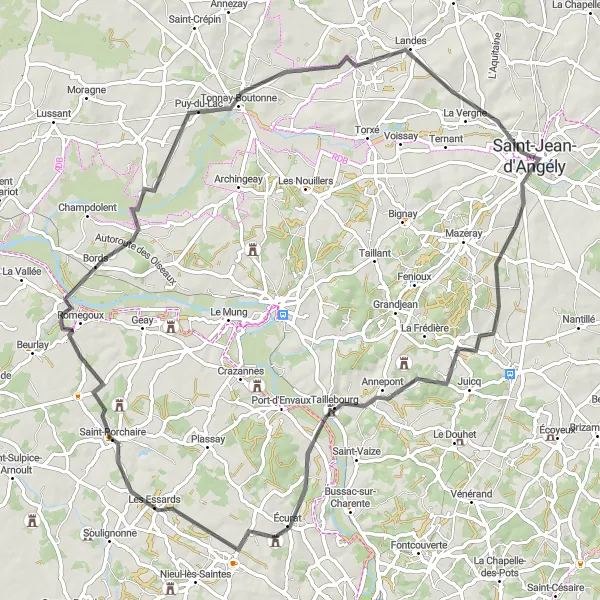 Map miniature of "Annepont Loop" cycling inspiration in Poitou-Charentes, France. Generated by Tarmacs.app cycling route planner