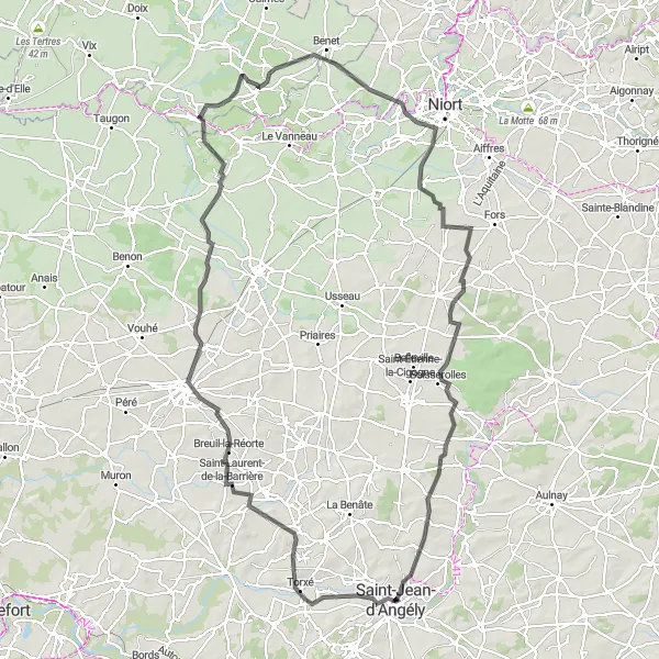 Miniature de la carte de l'inspiration cycliste "Tour de la Charente-Maritime" dans la Poitou-Charentes, France. Générée par le planificateur d'itinéraire cycliste Tarmacs.app