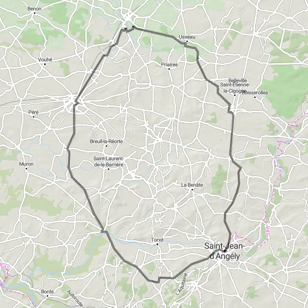 Map miniature of "Surgères Adventure" cycling inspiration in Poitou-Charentes, France. Generated by Tarmacs.app cycling route planner