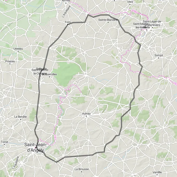 Miniature de la carte de l'inspiration cycliste "Parcours vallonné de la Charente" dans la Poitou-Charentes, France. Générée par le planificateur d'itinéraire cycliste Tarmacs.app