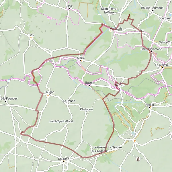 Map miniature of "Gravel Cycling Route from Saint-Jean-de-Liversay to La Grève-sur-Mignon" cycling inspiration in Poitou-Charentes, France. Generated by Tarmacs.app cycling route planner