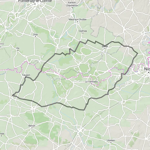 Map miniature of "Roads of History" cycling inspiration in Poitou-Charentes, France. Generated by Tarmacs.app cycling route planner