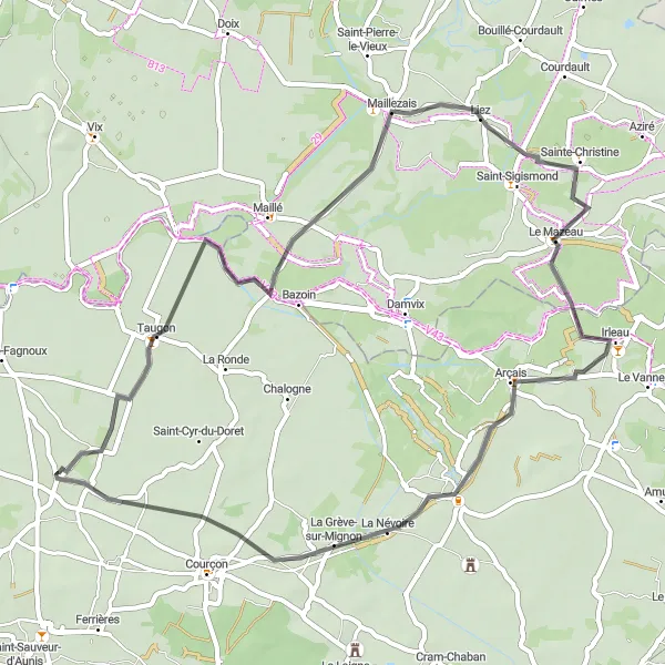 Map miniature of "Road Cycling Route from Saint-Jean-de-Liversay to La Grève-sur-Mignon" cycling inspiration in Poitou-Charentes, France. Generated by Tarmacs.app cycling route planner