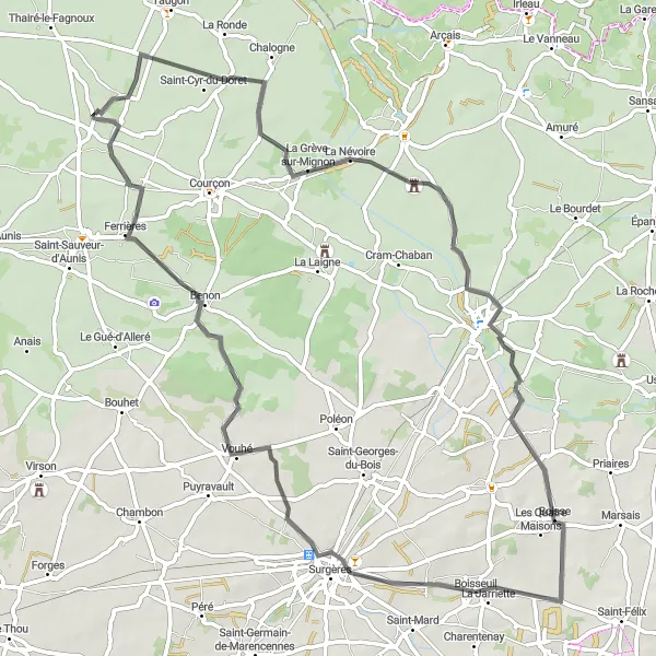 Map miniature of "Road Cycling Route from La Grève-sur-Mignon to Ferrières" cycling inspiration in Poitou-Charentes, France. Generated by Tarmacs.app cycling route planner