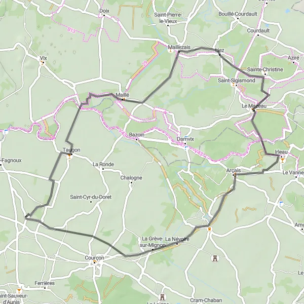 Map miniature of "Road Cycling Route from Maillé to La Grève-sur-Mignon" cycling inspiration in Poitou-Charentes, France. Generated by Tarmacs.app cycling route planner