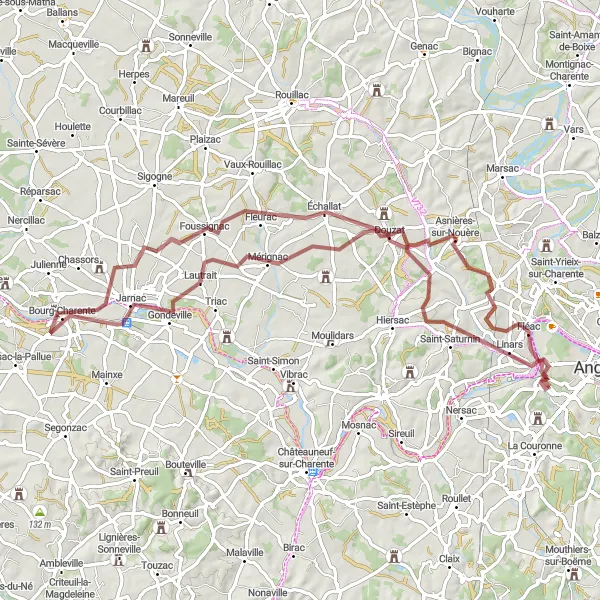 Miniature de la carte de l'inspiration cycliste "Les Vignobles de Jarnac" dans la Poitou-Charentes, France. Générée par le planificateur d'itinéraire cycliste Tarmacs.app