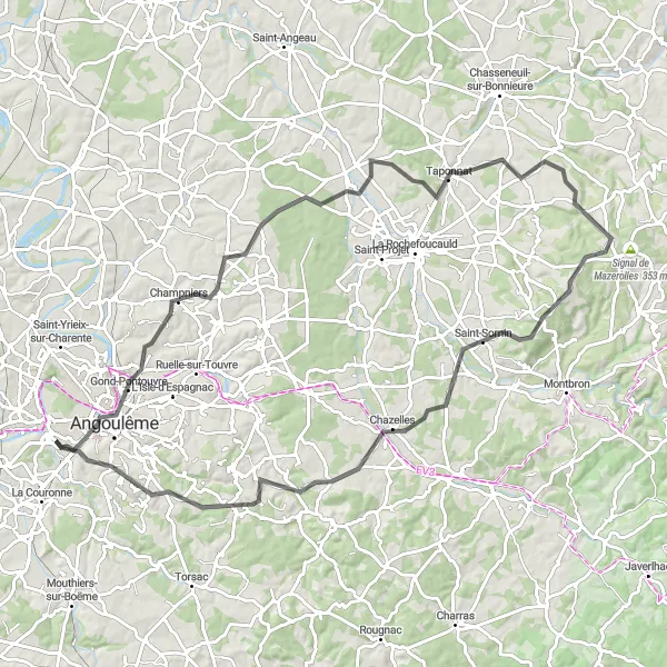 Map miniature of "Around Angoulême" cycling inspiration in Poitou-Charentes, France. Generated by Tarmacs.app cycling route planner