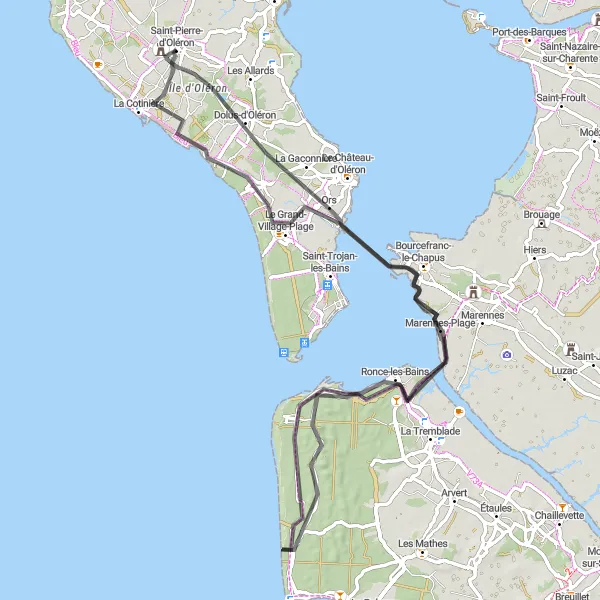 Map miniature of "Road Route across Île d'Oléron" cycling inspiration in Poitou-Charentes, France. Generated by Tarmacs.app cycling route planner