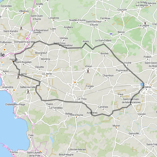 Map miniature of "Rural Delights" cycling inspiration in Poitou-Charentes, France. Generated by Tarmacs.app cycling route planner