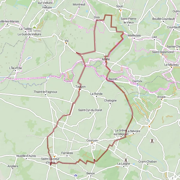 Map miniature of "Gravel Cycling Route: Taugon to Ferrières" cycling inspiration in Poitou-Charentes, France. Generated by Tarmacs.app cycling route planner