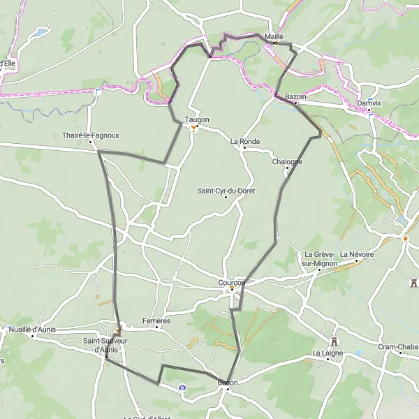 Map miniature of "Road Cycling Route: Taugon to Benon" cycling inspiration in Poitou-Charentes, France. Generated by Tarmacs.app cycling route planner