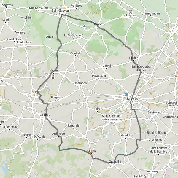 Map miniature of "Road Route from Saint-Sauveur-d'Aunis to Virson" cycling inspiration in Poitou-Charentes, France. Generated by Tarmacs.app cycling route planner