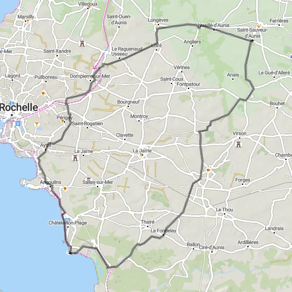 Map miniature of "Road Route from Saint-Sauveur-d'Aunis to Nuaillé-d'Aunis" cycling inspiration in Poitou-Charentes, France. Generated by Tarmacs.app cycling route planner