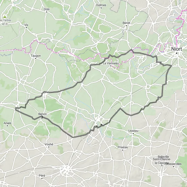 Map miniature of "Road Cycling Route: La Grève-sur-Mignon to Deyrançon" cycling inspiration in Poitou-Charentes, France. Generated by Tarmacs.app cycling route planner