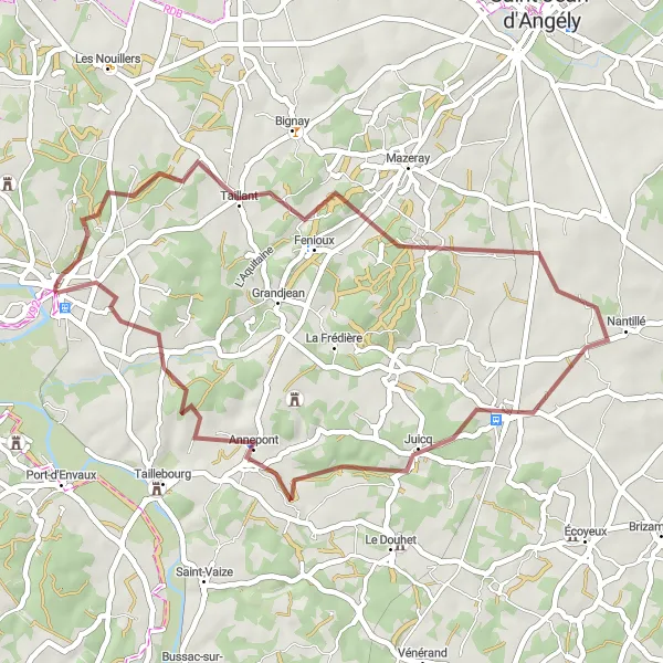 Miniature de la carte de l'inspiration cycliste "Les Chemins de Saint-Hilaire" dans la Poitou-Charentes, France. Générée par le planificateur d'itinéraire cycliste Tarmacs.app
